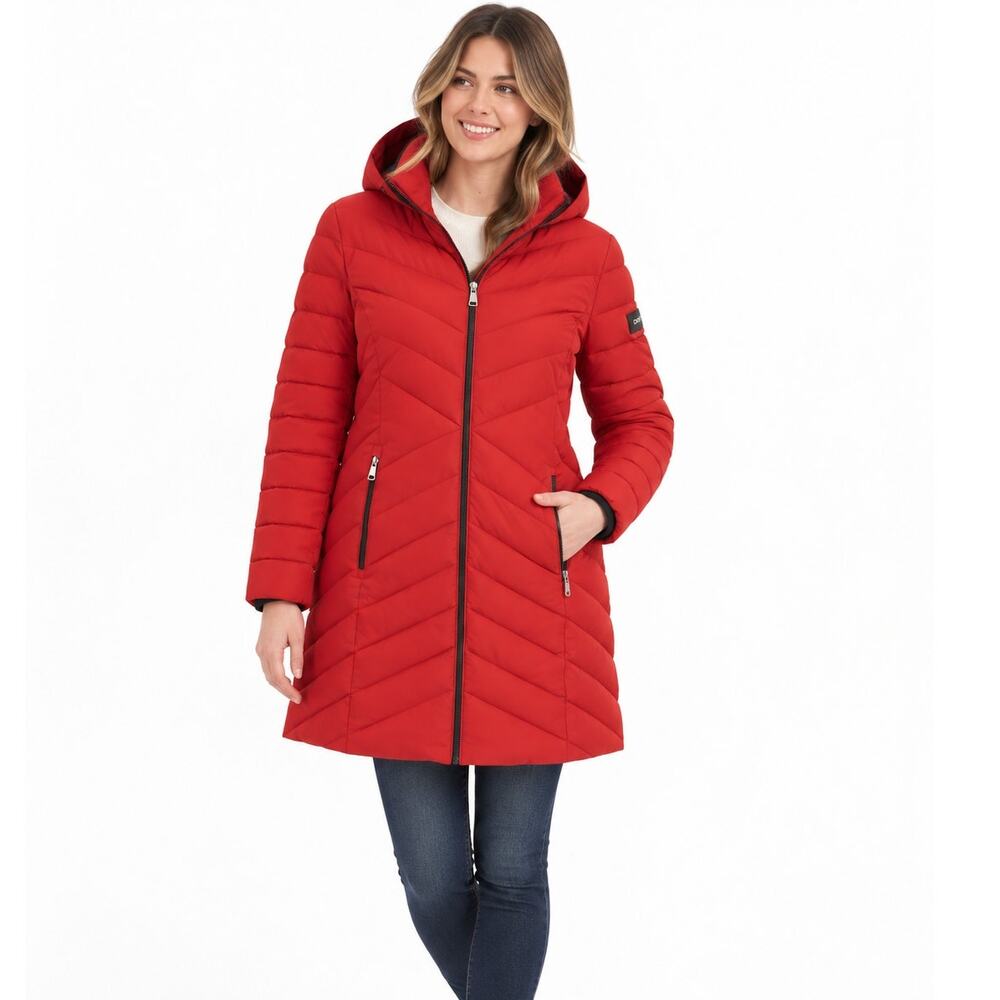 DKNY Women's Long Puffer Coat Large Red Hooded Quilted NWT